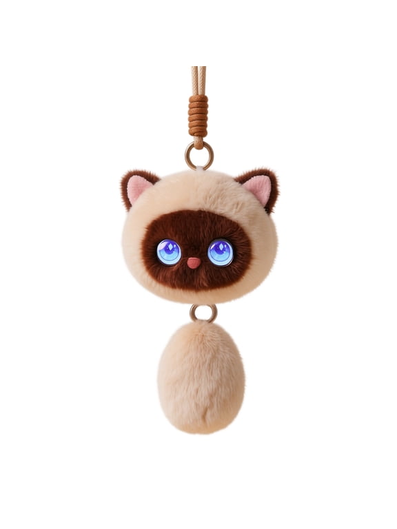Siamese Cat Plush Keychain with Glowing Eyes and Fluffy Tail, Beige and Brown, for Bag Charm, Interactive Stuffed Animal Toys