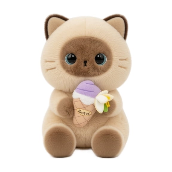Siamese Cat Plush Toy, Sitting Cartoon Stuffed Animal with Ice Cream Design, 1 Piece Soft Toy, Gift for Boys and Girls Kids Cuddly Home Bedroom Decoration Plush Doll