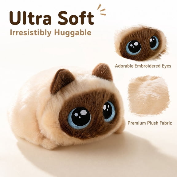 Siamese Cat Plush with Ultra-Soft Squishy Filling, Single Piece, Cream and Brown, for Kids and Relaxation, Stuffed Animal Toy
