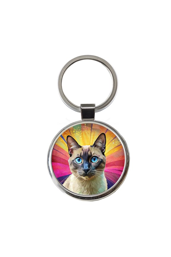 Siamese Cat Pop Art Metal Round Keychain