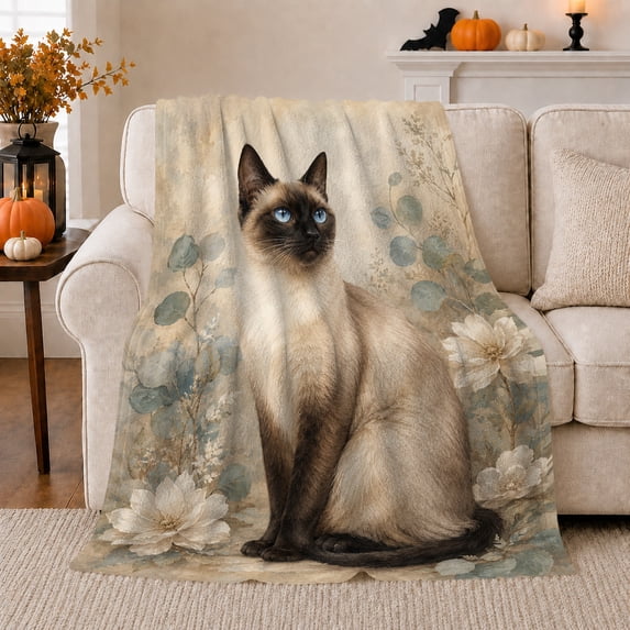 Siamese Cat Pumpkin Botanical Print, Cozy Pet Portrait Pattern, Warm Flannel Blanket for Living Room and Bedroom, Cat Lovers autumn celebration Gift, Pet Lover Home Decor