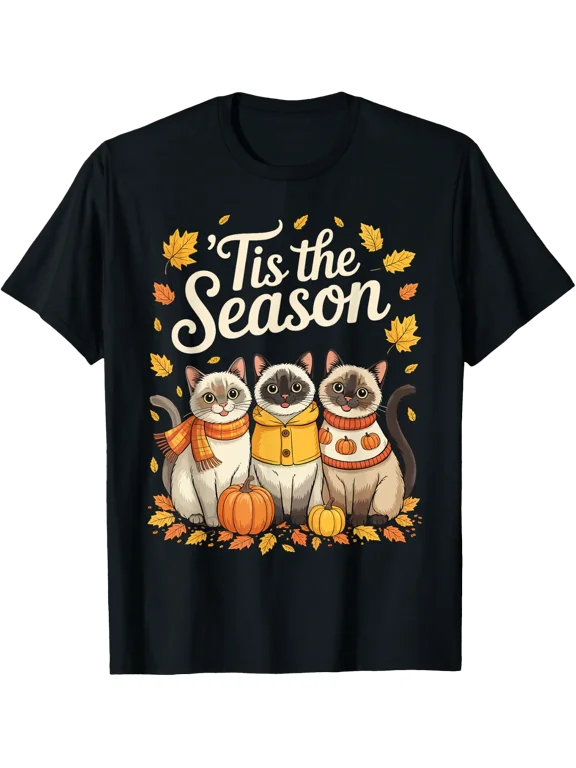 Siamese Cat Pumpkin Fall Season T Shirt Size S-5XL