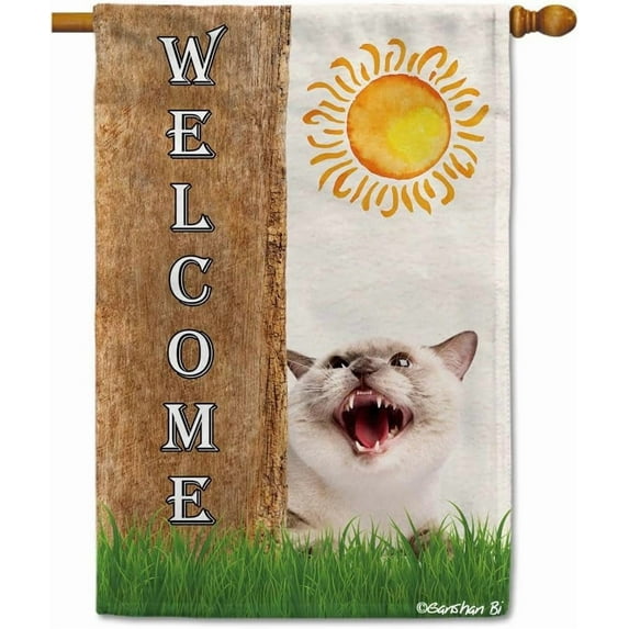 Siamese Cat Spring Summer Welcome House Flag Dog Hides Behind a Tree Sun Outside Yard Decor Flag Banner 28X40 Inch Double Side Style 1