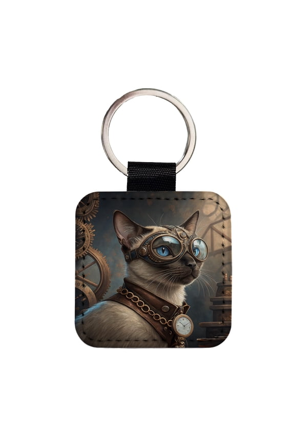 Siamese Cat Steampunk Faux Leather Square Keychain