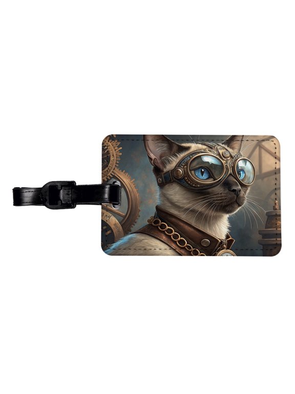Siamese Cat Steampunk Faux Leather Travel Luggage Tag