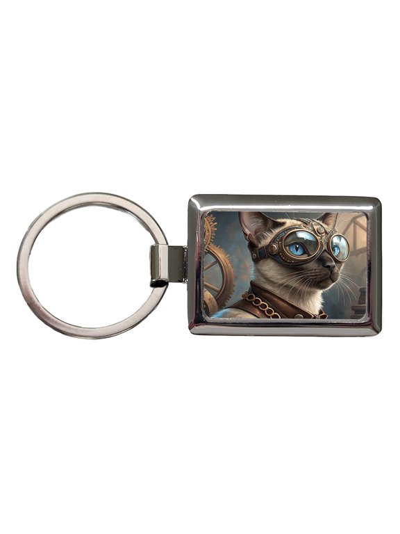 Siamese Cat Steampunk Metal Rectangle Keychain