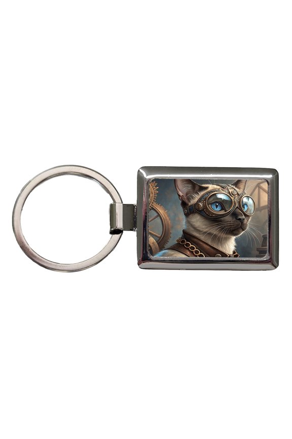 Siamese Cat Steampunk Metal Rectangle Keychain