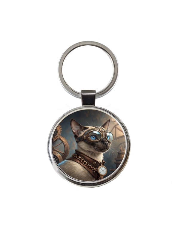 Siamese Cat Steampunk Metal Round Keychain