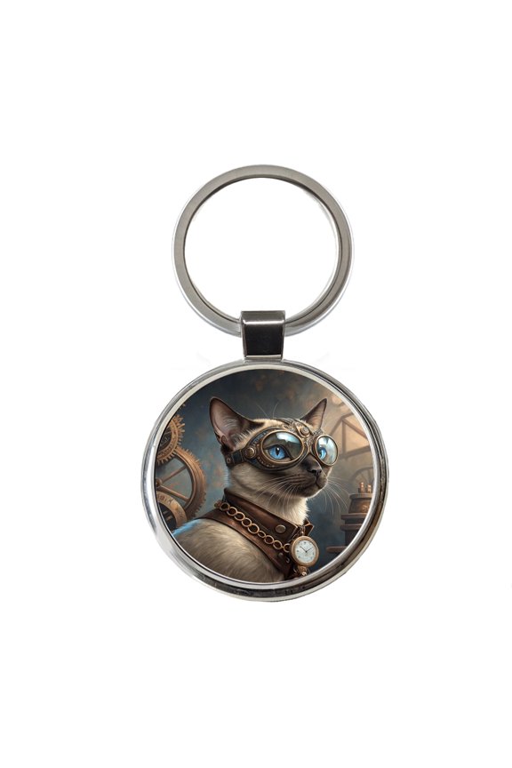 Siamese Cat Steampunk Metal Round Keychain