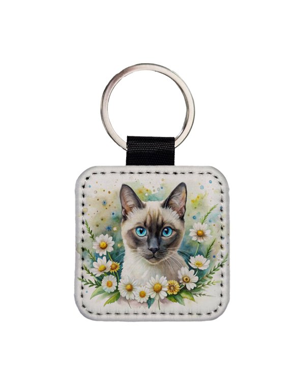 Siamese Cat Watercolor Design With Daisies Faux Leather Square Keychain
