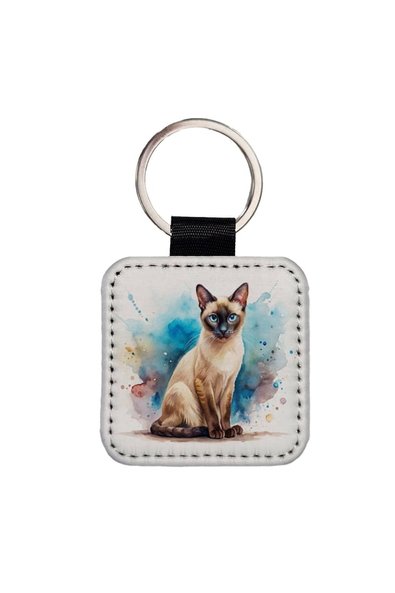 Siamese Cat Watercolor Style Faux Leather Square Keychain