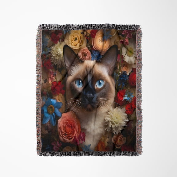 Siamese Cat With Floral Background, Woven Blanket