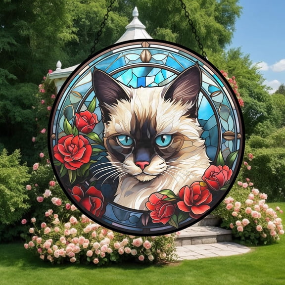 Siamese Cat With Roses Glass Suncatcher, Pet Portrait Window Garden Decoration Cat-Themed, 6.3 in