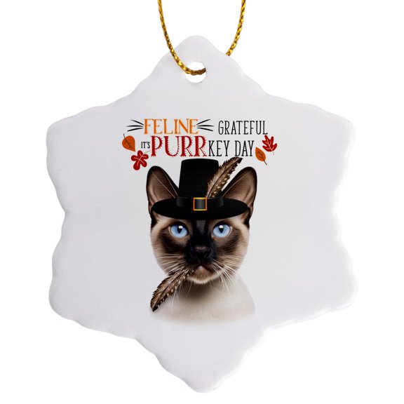 3drose, Siamese Cat with Seal Points and Thanksgiving Feline Humor, 3 inch Snowflake Porcelain Ornament