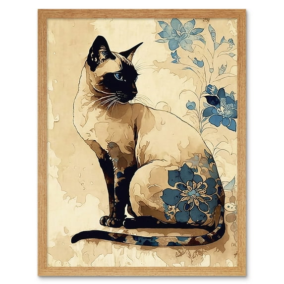 Siamese Cat with Blue Flowers Watercolour and Ink Modern Illustration Art Print Framed Poster Wall Decor 12x16 inch