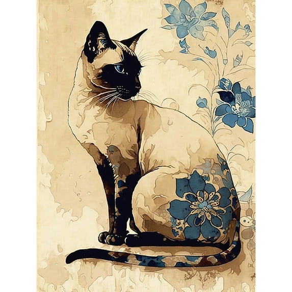 Siamese Cat with Blue Flowers Watercolour and Ink Modern Illustration Large Wall Art Poster Print Thick Paper 18X24 Inch