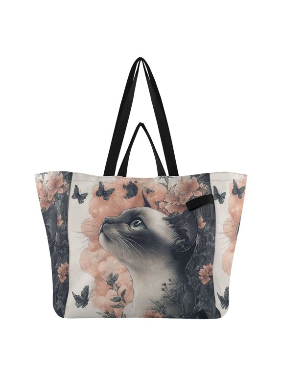 Siamese Cat with Flower Canvas Tote Bag Large Capacity Reusable Tote with Double Handles, Foldable Heavy Duty Shopping Beach Laundry Bag, 32L