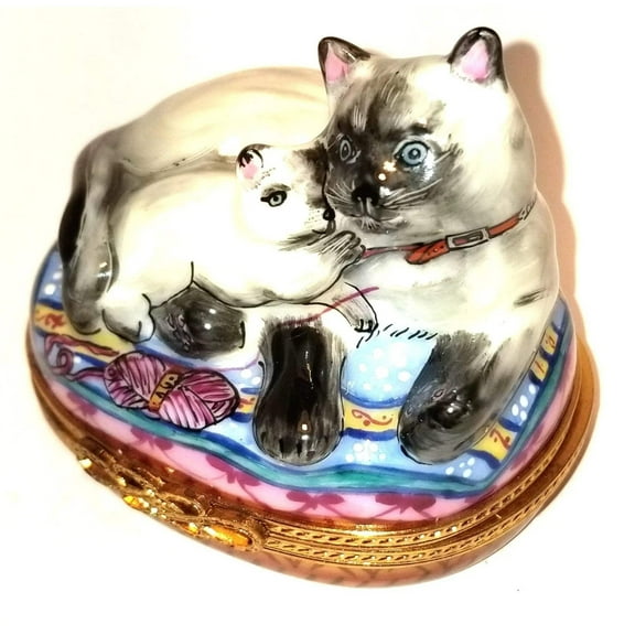 Siamese Cat Trinket for Cat Lovers Limoges Box Porcelain Figurine