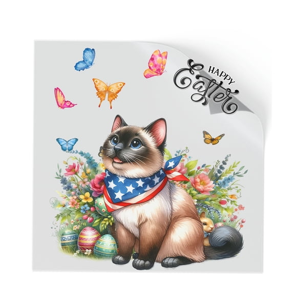 Siamese Celebrates Spring and Enjoys a Happy Easter Cutout Transfer Sticker Cat Lover Kitten Owner Gifts Transparent Decal Art Decor - 02001