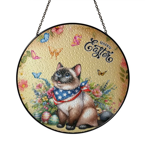 Siamese Celebrates Spring and Enjoys a Happy Easter Stained Glass Suncatcher Cat Lover Kitten Owner Gifts Window Hanging Sign Decor - 02001