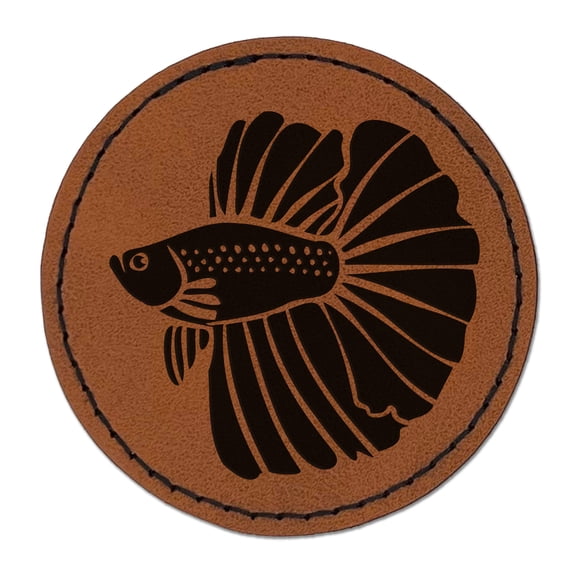 Siamese Fighting Fish Betta Splendens with Large Fins 2.5" Faux Leather Round Engraved Iron-On Patch - Brown