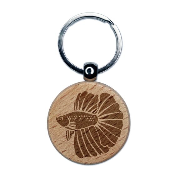 Siamese Fighting Fish Betta Splendens with Large Fins Round Keychain Charm Tag - Engraved Wood