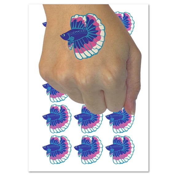 Siamese Fighting Fish Betta Splendens with Large Fins Water Resistant Temporary Tattoo Set Fake Body Art Collection - 54 1" Tattoos (1 Sheet)