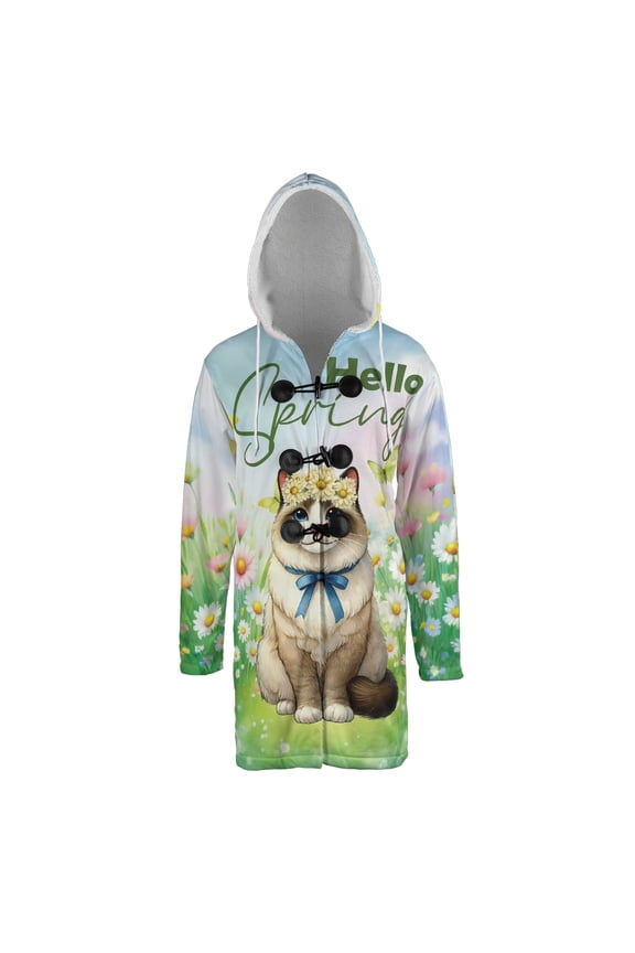 Siamese Hello Spring Time Flower Floral Nature All Over Print 3D Hooded Duffle Toggle Coat Cat Lover Kitten Owner Gifts - 02031