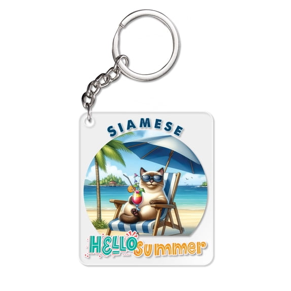 Siamese Hello Summer Beach Theme with Sunglasses and Tropical Cocktail Acrylic Keychain Cat Lover Kitten Owner Gifts Collar Charm Tag Keyring - 00009