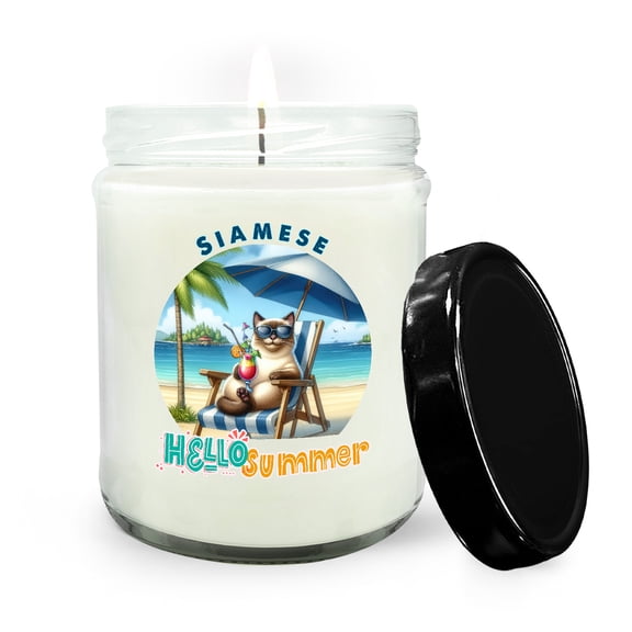 Siamese Hello Summer Beach Theme with Sunglasses and Tropical Cocktail Soy Wax Candle Cat Lover Kitten Owner Gifts 16oz White Vanilla Candle - 00009