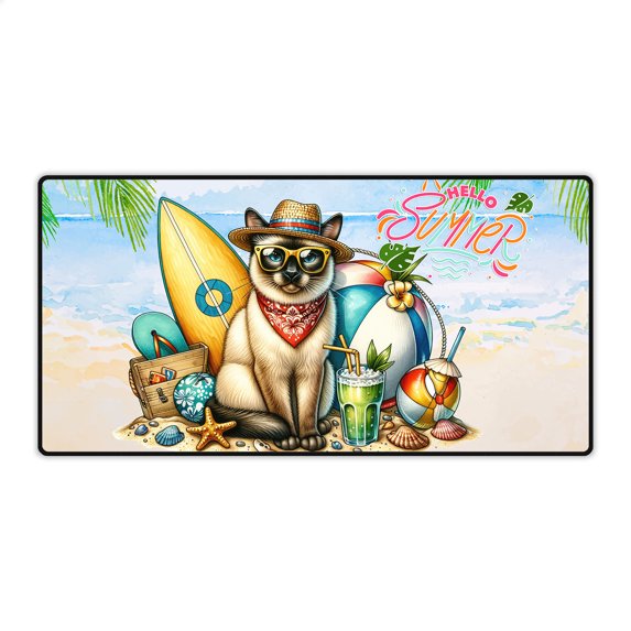 Siamese Hello Summer with Sunglasses and Surfboard Tropical Vibes Desk Mat Full Keyboard Mouse Pad Cat Lover Kitten Owner Gifts Large Mousepad - 00007