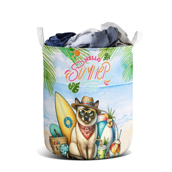 Siamese Hello Summer with Sunglasses and Surfboard Tropical Vibes Foldable Laundry Basket Cat Lover Kitten Owner Gifts Organizer Storage with Handles - 00007