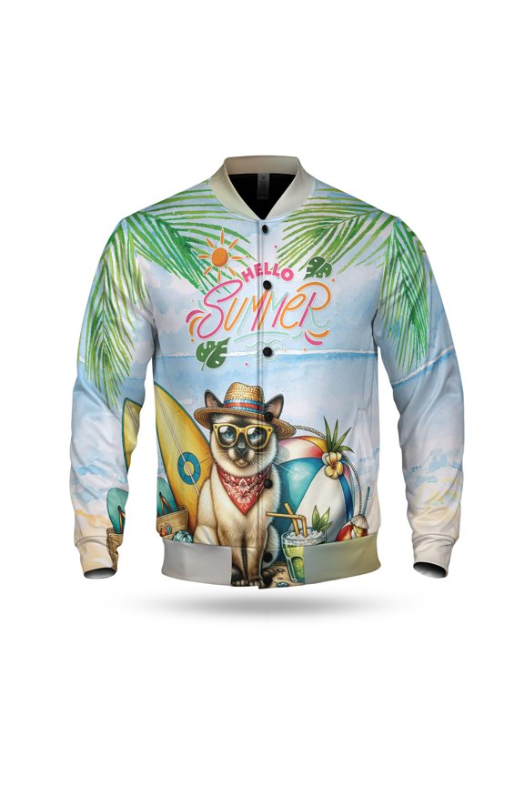 Siamese Hello Summer with Sunglasses and Surfboard Tropical Vibes All Over Print 3D Baseball Jacket Cat Lover Kitten Owner Gifts Bomber Jacket Softball - 00007