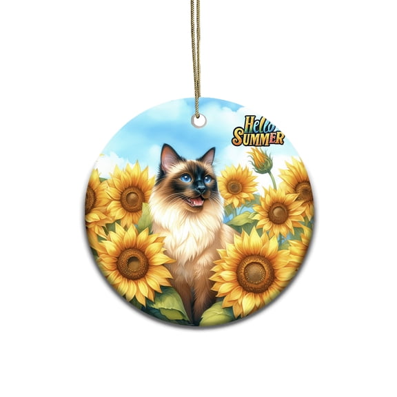 Siamese Hello Summer Sunshine Sunflowers Spring Retro Vintage Ceramic Round Ornament Cat Lover Kitten Owner Gifts Home Tree Decor - 00008
