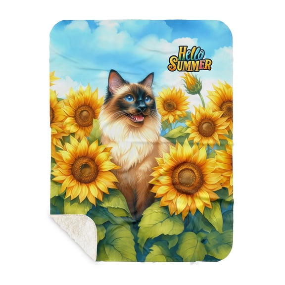 Siamese Hello Summer Sunshine Sunflowers Spring Retro Vintage Cozy Sherpa Blanket Cat Lover Kitten Owner Gifts Warm Soft Throw Blanket - 00008