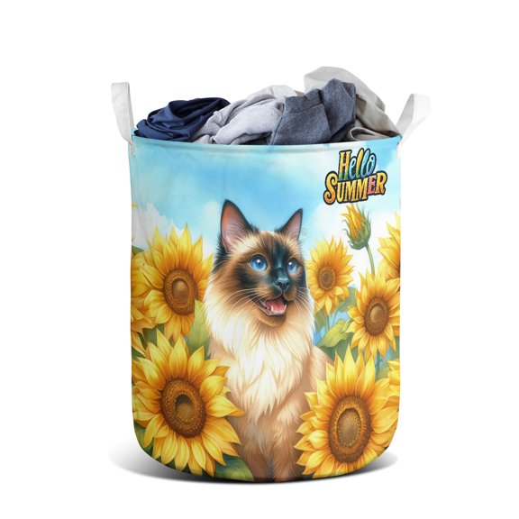 Siamese Hello Summer Sunshine Sunflowers Spring Retro Vintage Foldable Laundry Basket Cat Lover Kitten Owner Gifts Organizer Storage with Handles - 00008