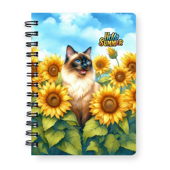 Siamese Hello Summer Sunshine Sunflowers Spring Retro Vintage Spiral Bound Journal Cat Lover Kitten Owner Gifts 5x7in Spiral Notebook - 00008