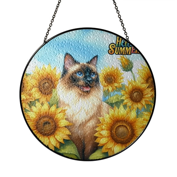 Siamese Hello Summer Sunshine Sunflowers Spring Retro Vintage Stained Glass Suncatcher Cat Lover Kitten Owner Gifts Window Hanging Sign Decor - 00008