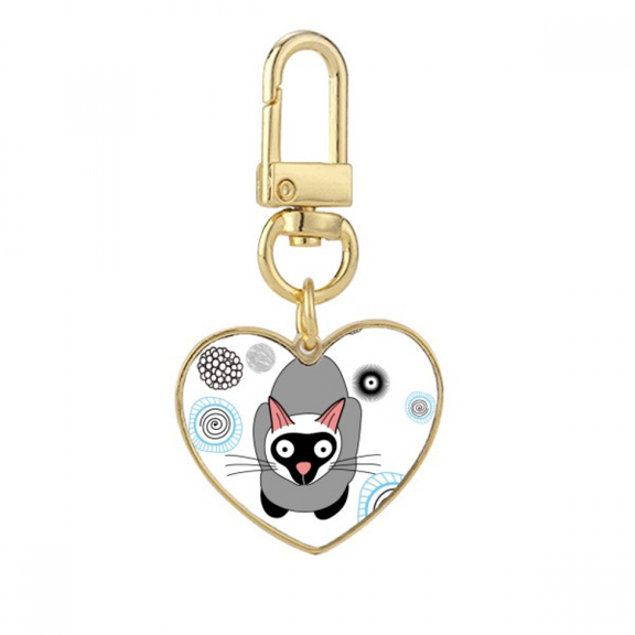 Siamese Kitten Gray Cat Animal Gold Heart Keychain Metal Keyring Holder