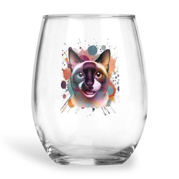 Siamese Portrait Watercolor Vintage Retro Styles 15oz Stemless Wine Glass Mug Cat Lover Kitten Owner Gifts Wine Glasses Cup - 00001