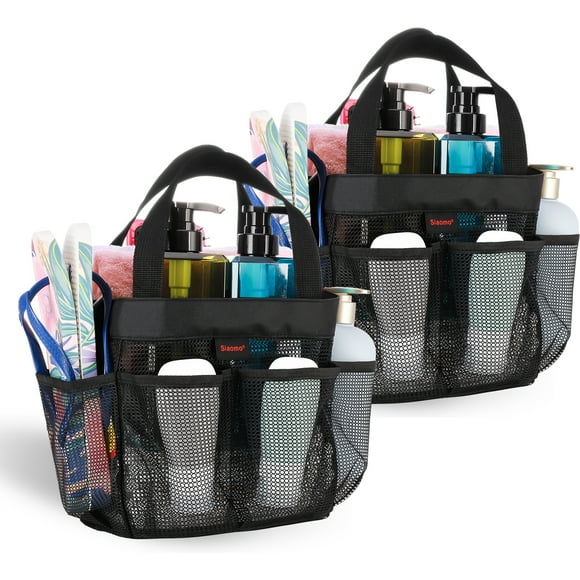 Siaomo Mesh Shower Caddy Bag,Portable Shower Tote Bag for College Dorm Essentials, Bathroom, Gym, Camp, Travel, 8 Storage Pocket Hanging Shower Caddy Basket, Quick Dry Toiletry Bag (2 Pack Black)