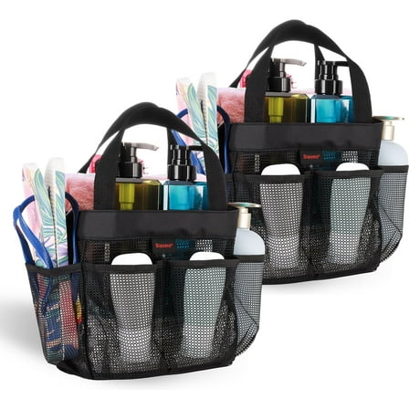 Siaomo Mesh Shower Caddy,Tote Bag for College Dorm,Bathroom,8 Pocket Basket,Quick Dry-2 Pack Black