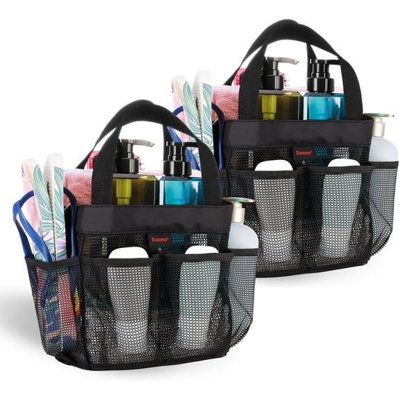 Siaomo Mesh Shower Caddy,Tote Bag for College Dorm,Bathroom,8 Pocket Basket,Quick Dry-2 Pack Black