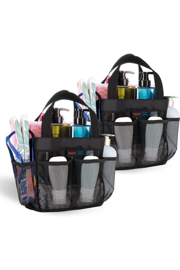 Mesh Shower Caddy,Tote Bag for College Dorm,Bathroom,8 Pocket Basket,Quick Dry-2 Pack Black