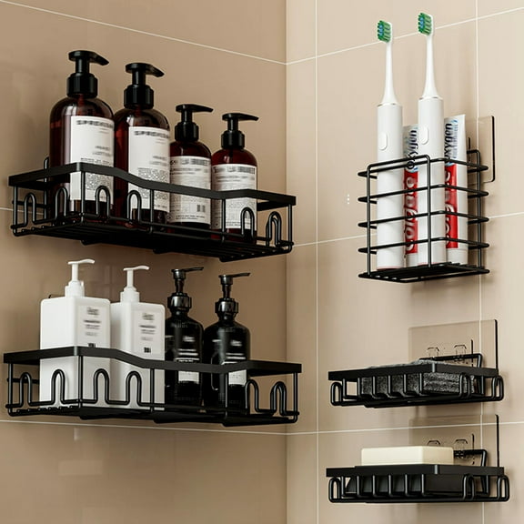 Siaomo Shower Caddy,5 Pack Adhesive Shower Shelves,Rustproof Stainless Steel Shower Organizer Storage,No Drilling Shelves for Bathroom Storage & Home Decor -Black