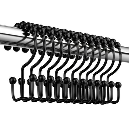 Siaomo Shower Curtain Hooks Rings, Premium Stainless Steel Rustproof Double Glide Shower Hooks for Bathroom Shower Rods Curtains,Double Hooks-Set of 12, Black