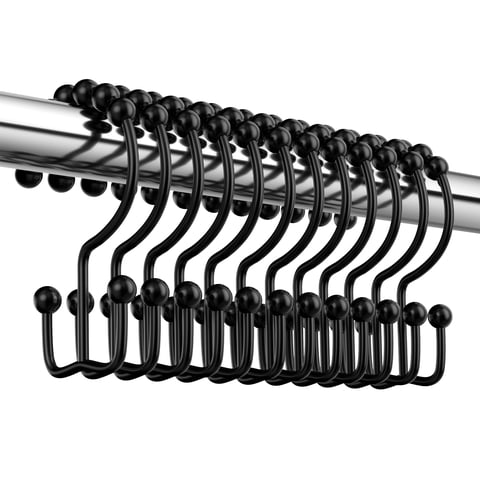 Siaomo Shower Curtain Hooks Rings, Premium Stainless Steel Rustproof Double Glide Shower Hooks for Bathroom Shower Rods Curtains,Double Hooks-Set of 12, Black