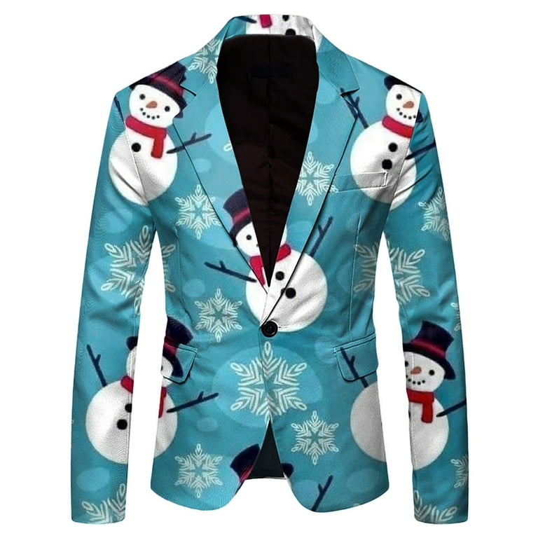 Siaonvr Mens Blazer Slim Fit Sport Coats Mens Autumn Winter Fun Printed Lapel Button Up Suit Jacket Christmas Trend Printed Casual Suit