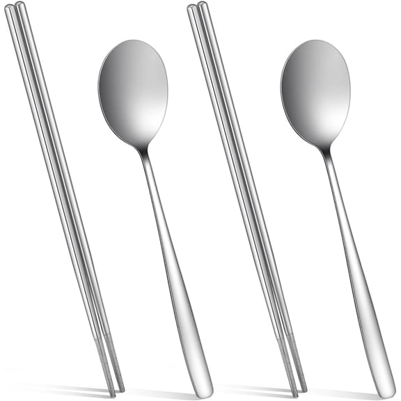 Sibba 2 Pairs Stainless Steel Chopsticks and 2 Spoons Cutlery Set Lightweight Non-Slip Chinese Japanese Korean Chopstick Flatware, Portable Metal Spoon Chop Sticks for Adults Kitchen Home Restaurant
