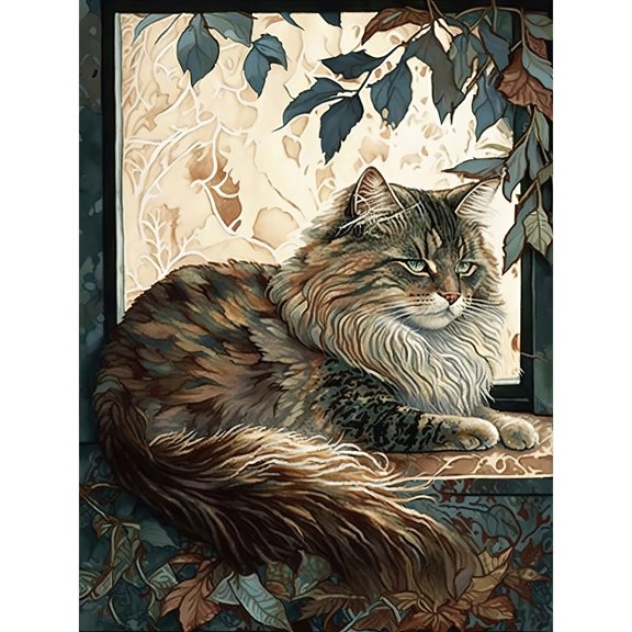 Siberian Cat Perched on Window Sill in Autumn Modern Illustration Extra Large XL Wall Art Poster Print